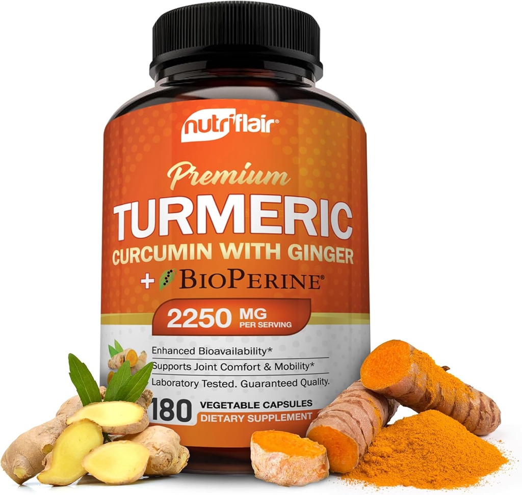 NutriFlair Curcumina Turmérica con Ginger y BioPerine Black Pepper Suplementos, 180 cápsulas - 95% Curcuminoides - Soporte Conjunto, Antioxidante, Anti envejecimiento - Natural, No GMO, Mejor Potencia Máxima Vegana