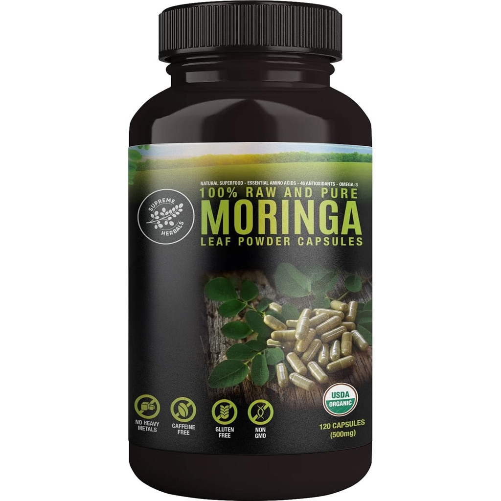 Cápsulas de hoja de Moringa 100% crudas y puras. Hoja de Moringa certificada orgánica. Superalimentos naturales con ácidos esenciales, antioxidantes y Omega 3, 500 mg, 120 cápsulas.