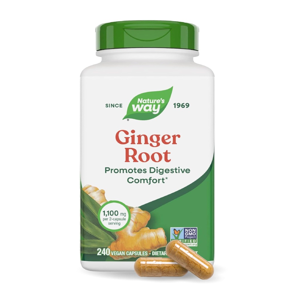 La bota de jengibre de la naturaleza capsula 550 mg por cápsula, Digestive Comfort* reduce la náusea relatada por moción*, 1.100 mg por 2 cápsulas, Proyecto no GMO Verificado, Vegano, 240 conde (paquete mayo Vary)