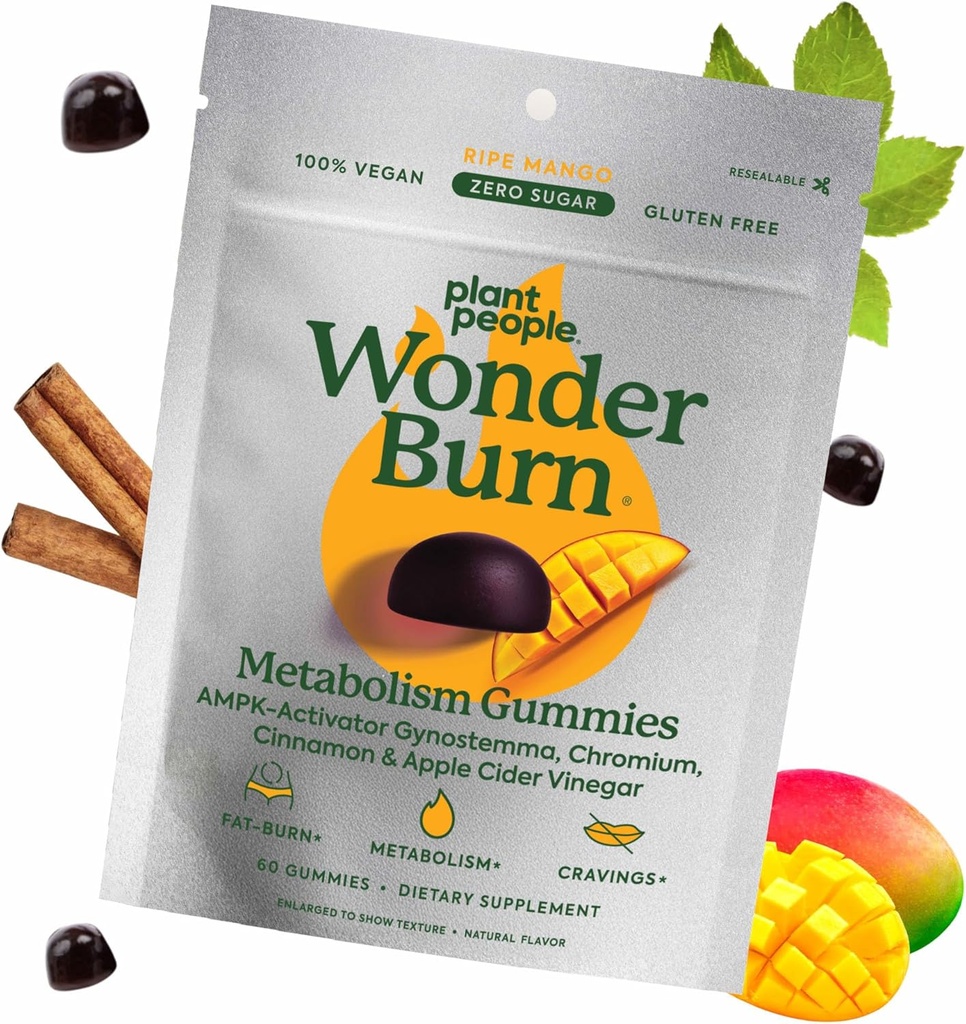 Plant People WonderBurn Metabolism " Cravings Control Gummies, Zero Sugar, Ripe Mango Flavor (60 Conde)