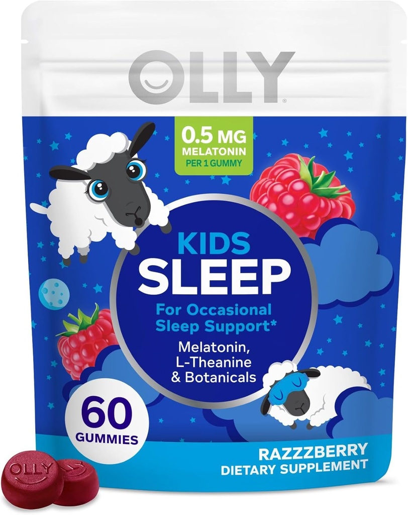 OLLY Kids Sleep Gummy, 0.5mg Melatonin, L Theanine, Chamomile, and Lemon Balm, Childrens Chewable Supplement, Occasional Sleep Support, Raspberry - 60 Count