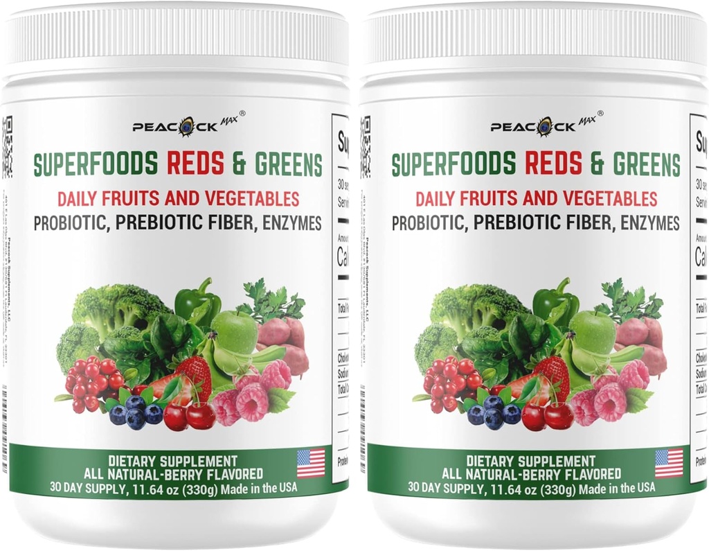 Superfood Reds " Greens Powder - 11.64 oz (Pack of 2), Prebiotics " Probiotics for Digestive Health, Super Greens Powder with Ashwagandha, Antioxidants, Vegan, Non-GMO