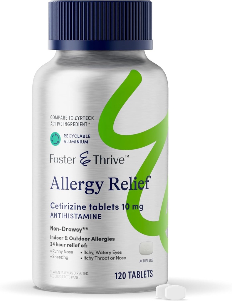 Foster & Thrive Cetirizine HCl 10mg Alivio de Alergia para Alergias Estacionales, Pollen, Hay Fever y Ojos secos de Itchy, Medicina Antihistamínica No Hojas para Niños o Adultos, Compare con Zyrtec