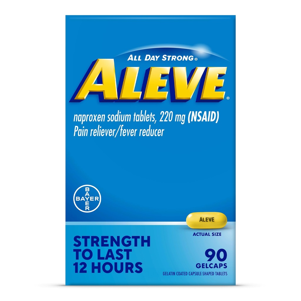 Aleve Pain Reliever & Fever Reducer Gelcaps, Naproxen Sodium, Headache and Back and Body Pain Relief Medicine, for Adults and Children Ages 12 and Up, 90 Count