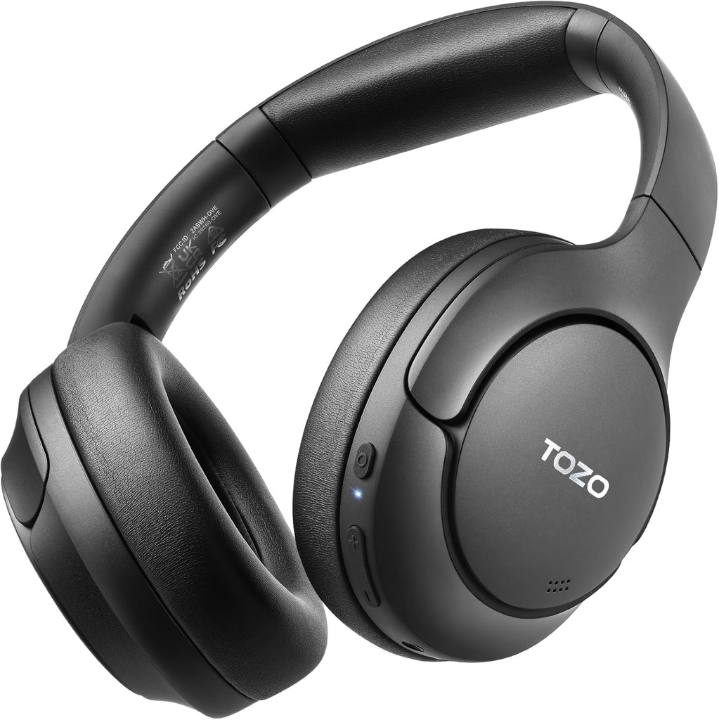 TOZO HT2 Hybrid Active Noise Canceling Auriculares, Auriculares Bluetooth inalámbricos para el oído, 60H Tiempo de reproducción, EQ personalizado de audio Hi-Res a través de App Deep Bass Comfort Fit Ear Cups, para Home Office Travel Black