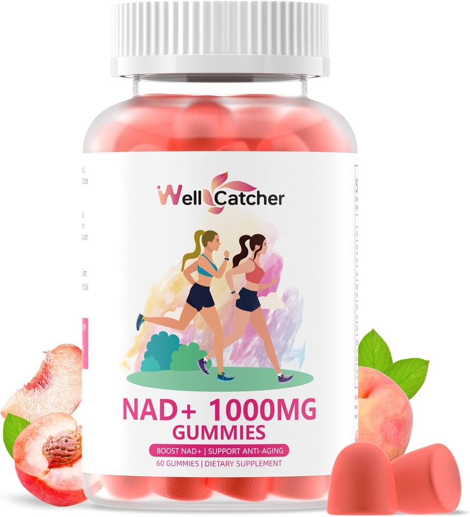 NAD+ Gummies Suplemento para Mujer 1000MG - NAD Plus Gummies para Hombre Sugar Vitamina Gratuita B3 Niacinamide Pure Organic Boosts NAD Level Anti-Aging Cell Regeneration Energy Brain Peach Flavor 60C