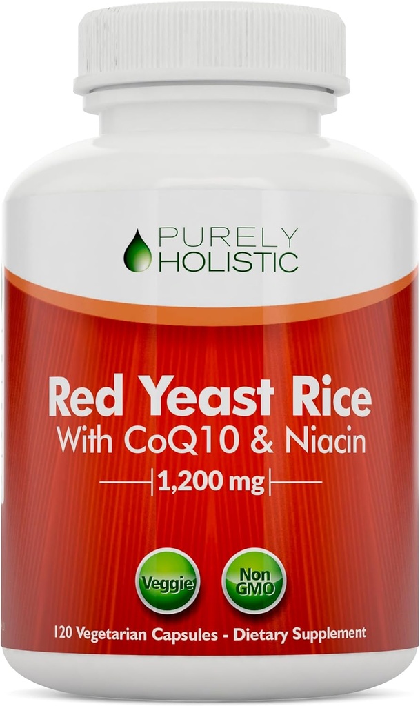 Rice de levadura roja 1200mg con CoQ10 Suplemento &amp; Niacina libre 120 cápsulas vegetarianas de fuerza adicional - Advanced Healthy Heart Formula - No irradiado, Citrinin Gratis