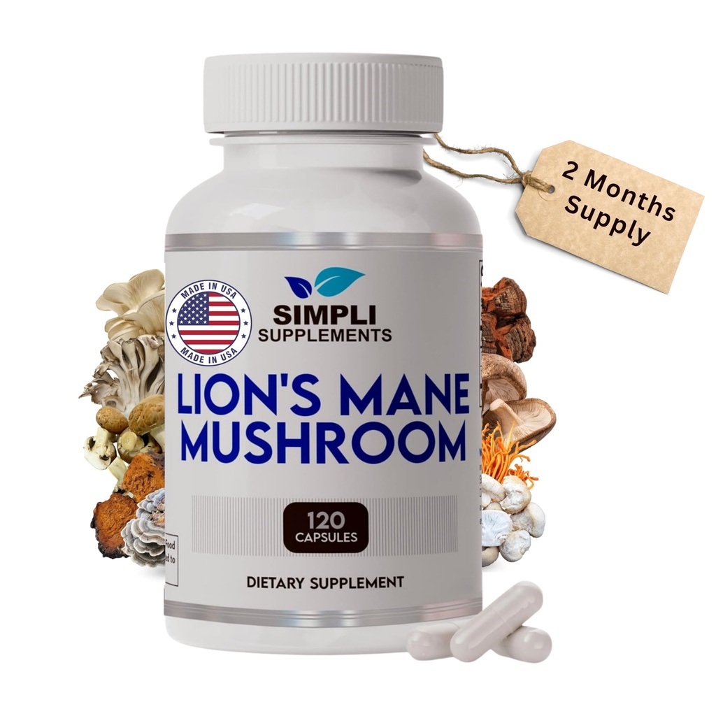 Capsulas Mane Mushroom de Lions Mane Mushrooms Orgánicas Reales Mushrooms Lions Mane Powder Suplemento para Función Cognitiva &amp; Apoyo Inmunitario ← Cerebro y Memoria Booster ← Vegan tención 120 Capsules (2 Month Supply)