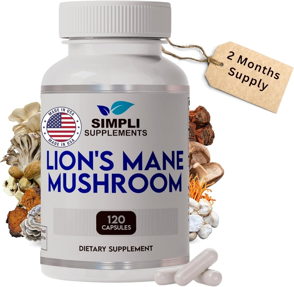 Lion's Mane Mushroom Capsules | Organic Real Mushrooms Lions Mane Powder Supplement for Cognitive Function & Immune Support | Brain and Memory Booster | Vegan | 120 Capsules (2 Month Supply)