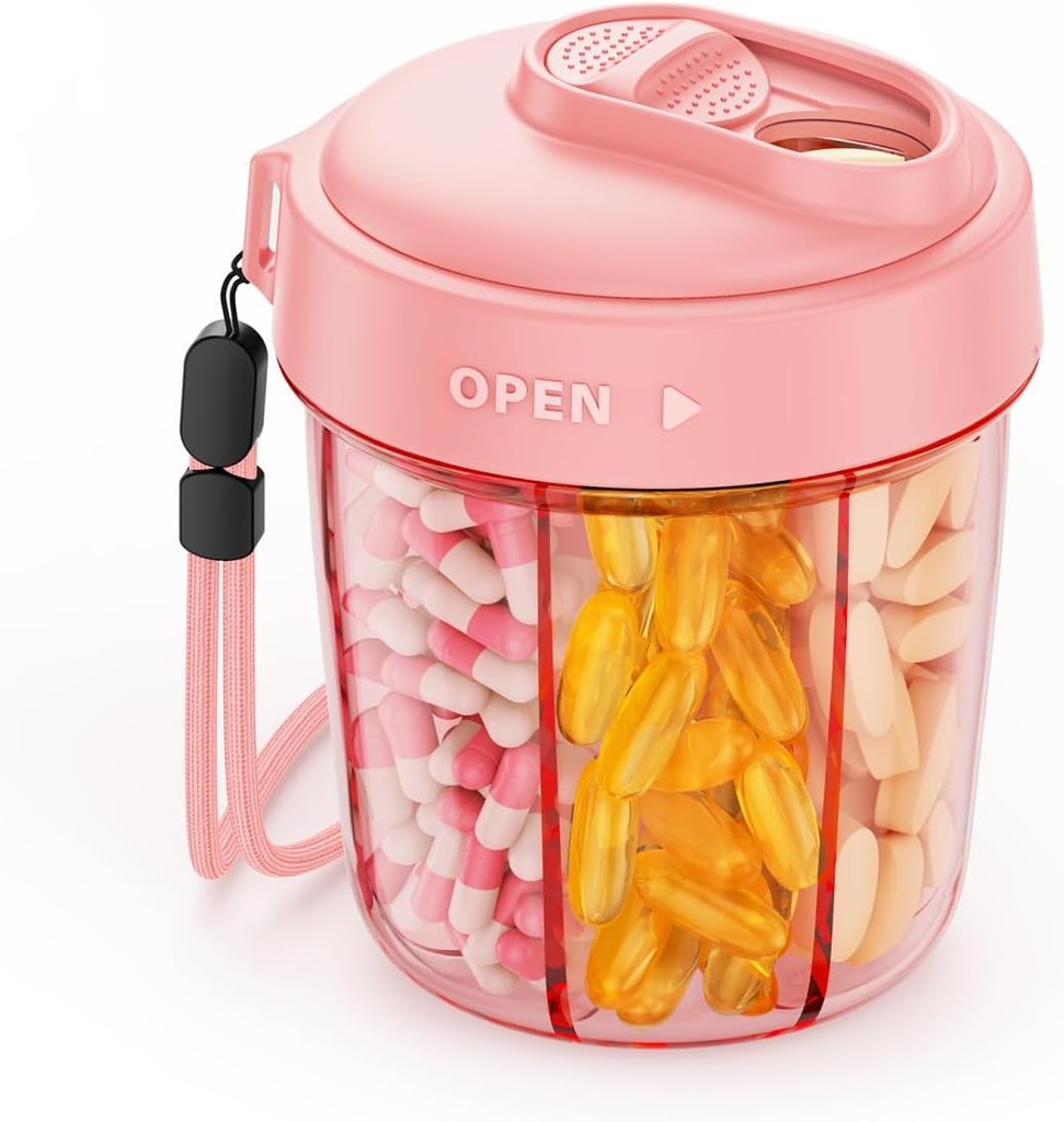 Dispensador de gran pill AUVON para almacenar 7 diversos suplementos, organizador de pilas de viaje con diseño anti-mix, botella de pill con ancha apertura & deslizante Lid fácil de usar, Incluye 20 pegatinas blancas, rosa