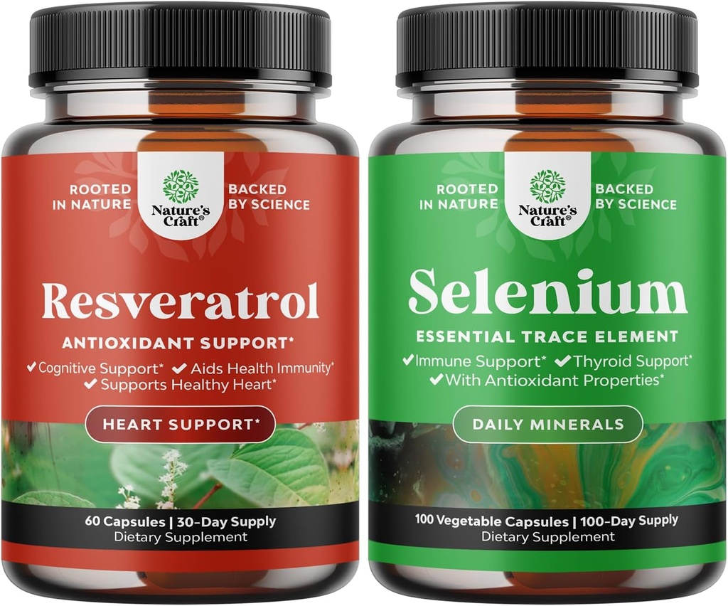 Bundle of Anti Aging Trans Resveratrol and Pure Selenium Thyroid Support Supplement - Natural Joint Support Supplement - Natural Immune Booster for Adults