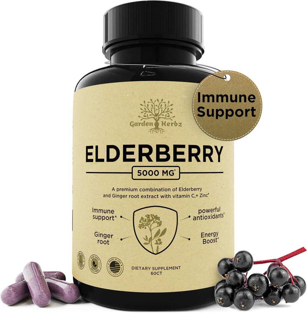 Elderberry con Vitamina C, Zinc, " Ginger – Potent Immune Booster 5000 Mg Elderberry, Zinc, " Vitamina C – Vitaminas no GMO Immunity para adultos para ayudarle a sentirse vibrant, 60 cápsulas.