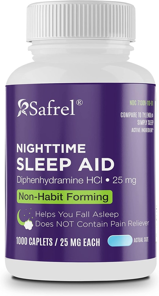Safrel Nighttime Sleep Aid, Diphenhydramine HCl 25mg ← Strong Non Habit-Forming Restful Sleeping Support for Men &amp; Women ← Fall Asleep Faster " Wake up Refreshed (1000 Count (Pack of 1), 1000, Count)