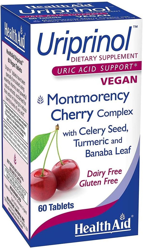 HealthAid Uriprinol® 60 Tabletas – Twice‐Daily Antioxidant Uric Acid Cleanse with Montmorency Cherry, Celery Seed, Turmeric " Banaba Leaf – Vegan, Non-GMO
