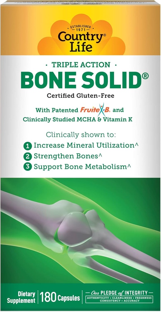 Country Life Bone Solid - Bone Health Supplement with Microcrystalline Hydroxyapatite (MCHA), Calcium, Magnesium, Zinc, Vitamins K2 & D3 for Enhanced Bone Strength & Metabolism - 180 Capsules