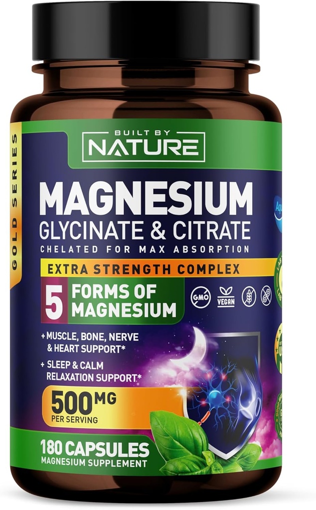 Complejo de Magnesio 500mg - 5 Formas de Glycinate de Magnesio, Citrato, Malato, Oxido &amp; Aquamin con 72 Minerales Trace - Aplausos para la Absorción - Suplemento para el Musculo, Nerve, Corazón &amp; Dormir (180 cápsulas)