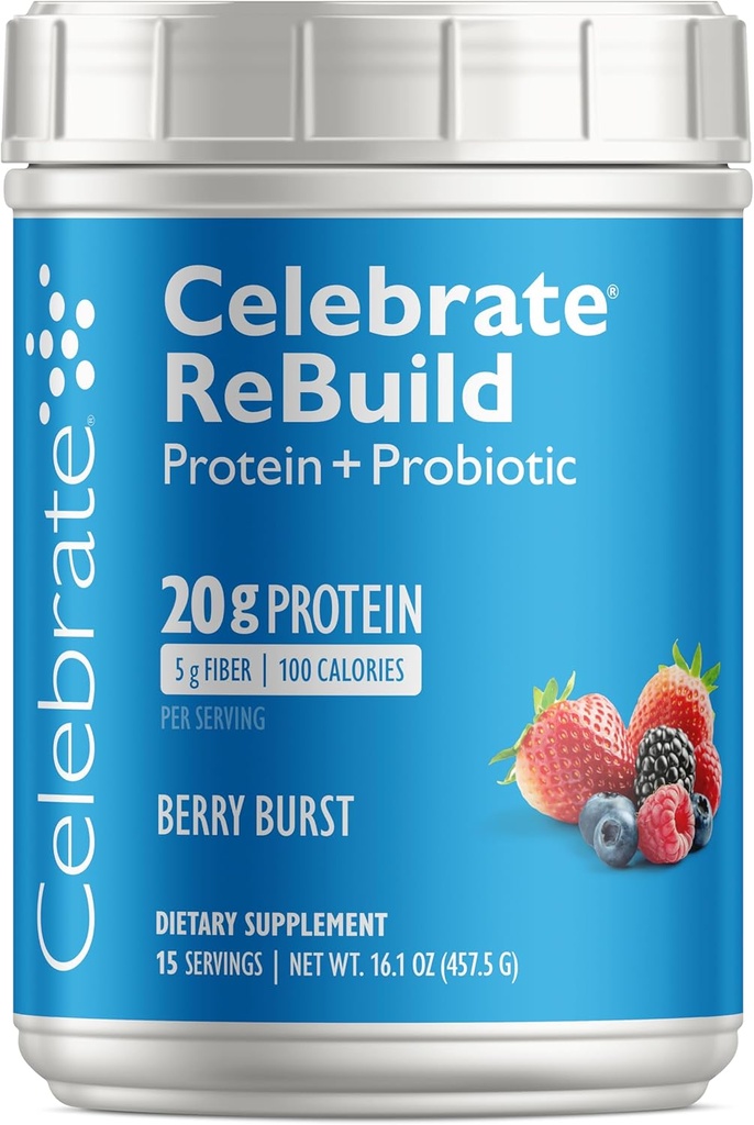 Celebrar vitaminas Rebuild pólvora de proteína con probióticos " Prebióticos - 20g Whey Isolate Proteína, fibra alta, para pacientes de cirugía post-bártrica - Berry Burst (15 Servimientos)