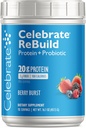 Celebrar vitaminas Rebuild pólvora de proteína con probióticos " Prebióticos - 20g Whey Isolate Proteína, fibra alta, para pacientes de cirugía post-bártrica - Berry Burst (15 Servimientos)