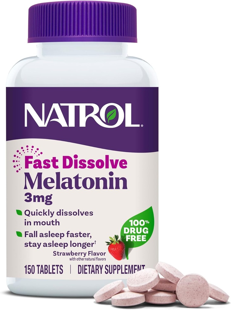Natrol Fast Dissolve Melatonin 3 mg, Suplementos de Melatonina para el sueño reparador, Apoyo al sueño para adultos, 150 tabletas de sabor a fresa, hasta una fuente de 150 días