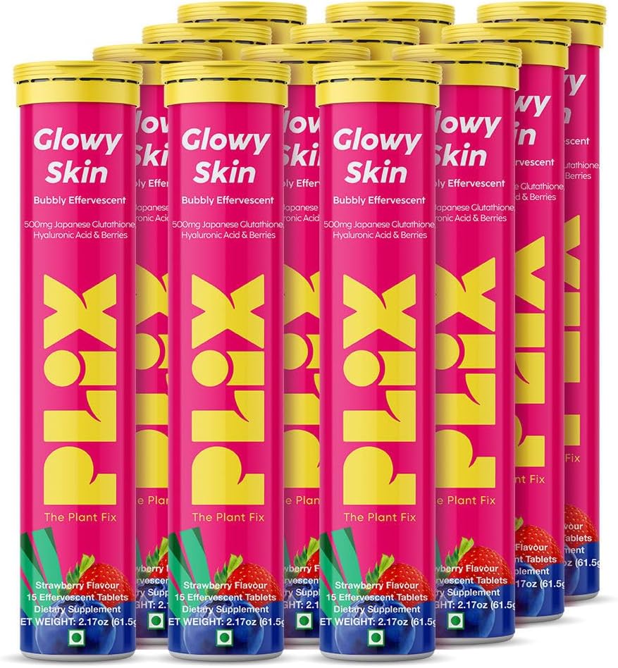 PLIX Glowy Skin 500mg Glutathione Suplemento con ácido hialurónico, vitamina C, E " Berries  durable 90 Tablas efervescentes, sabor a fresa