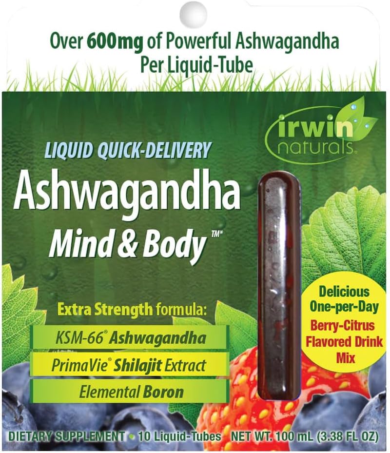 Irwin Naturals Liquid Quick-Delivery Ashwagandha Mind & Body - 10 Liquid-Tubes - Boost Physical & Mental Performance - One-Per-Day Berry-Citrus Flavored Drink Mix