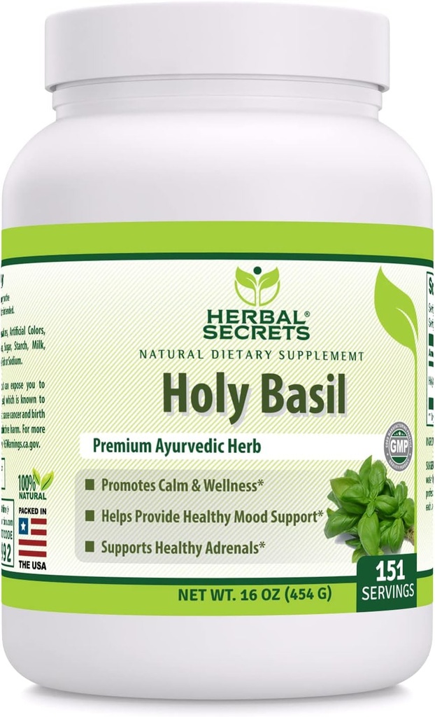 Herbal Secrets Holy Basil Powder Suplemento Silencio 454 G ANTE 3 G Por Serving Suplemento Silencio Non-GMO Silencio Gluten-Free TEN Made in USA