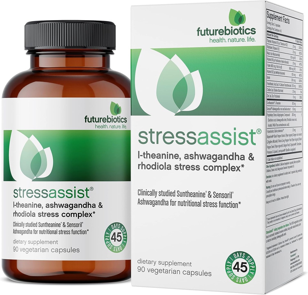 Futurebiotics Stressassist L-theanine Ashwagandha y Rhodiola Rosea Stress Complex - Función de estrés natural nutricional, 90 cápsulas vegetarianas