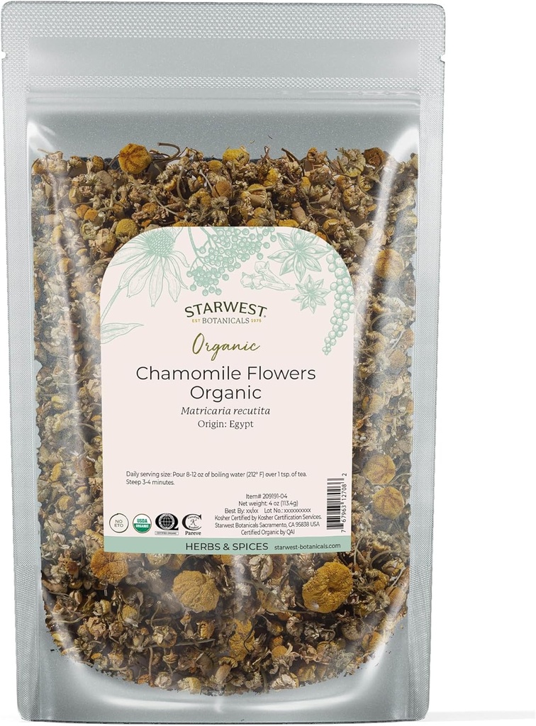 Starwest Botanicals Organic Chamomile Flowers Whole - Dried Loose Leaf Herb for Tea, Herbal Lotions, & Baking, Sourced from Egypt, Certified Kosher, Non-GMO - 4 oz Pouch