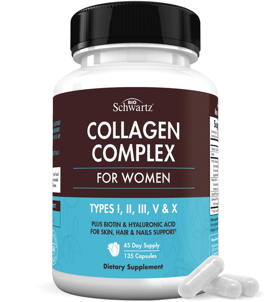 BioSchwartz Hidrolyzed Collagen Peptide Capsules - Multi Collagen Suplementos para Mujeres Tipos I, II, III, V, X con Vitamina C, Biotina, Keratina y Ácido Hialurónico para la Piel, Pelo y uñas - 135ct