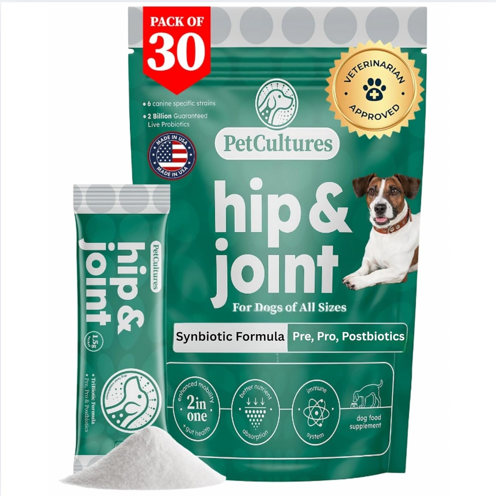 PetCultures Hip & Joint TriBiotic Powder, a Food Topper Supplement Supporting Dog Mobility with probiotic, prebiotic and postbiotic Plus Glucosamine & Chondroitin - Made in USA