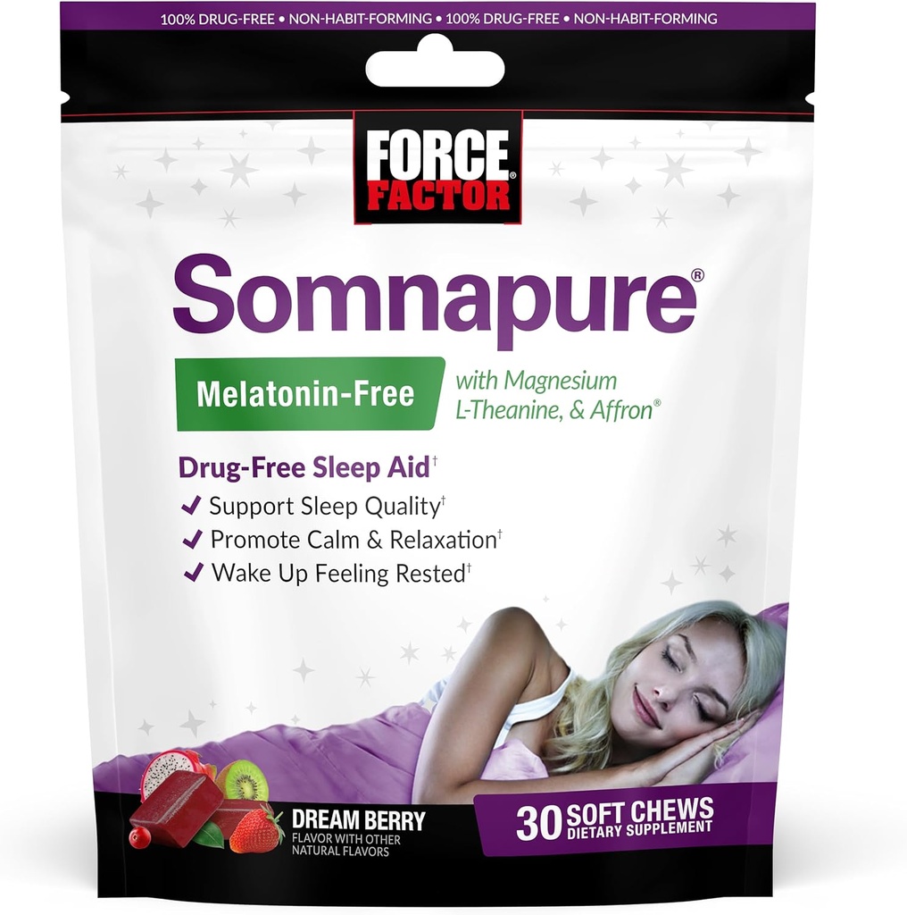 Factor de fuerza Somnapure Melatonin-Free Soft Chews, Ayuda para dormir para mejorar la calidad del sueño, Ayudas para el sueño para adultos con Affron, Magnesio, L-Theanine, Chamomile, Lemon Balm, Dream Berry Flavor, 30 Soft Chews