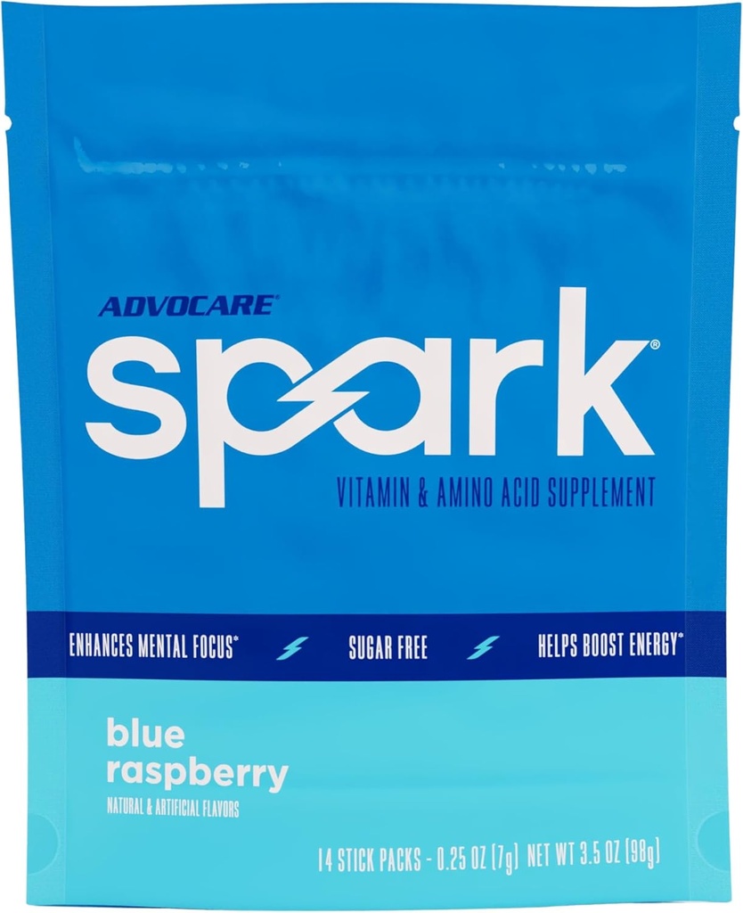 AdvoCare Spark - Energy Drink Mix - Vitamin &amp; Amino Acid Supplement - Supports Energy & Focus* - Portable Immune Support* - Sugar-Free - Blue Raspberry, 14 Stick Packs (3,5 oz)