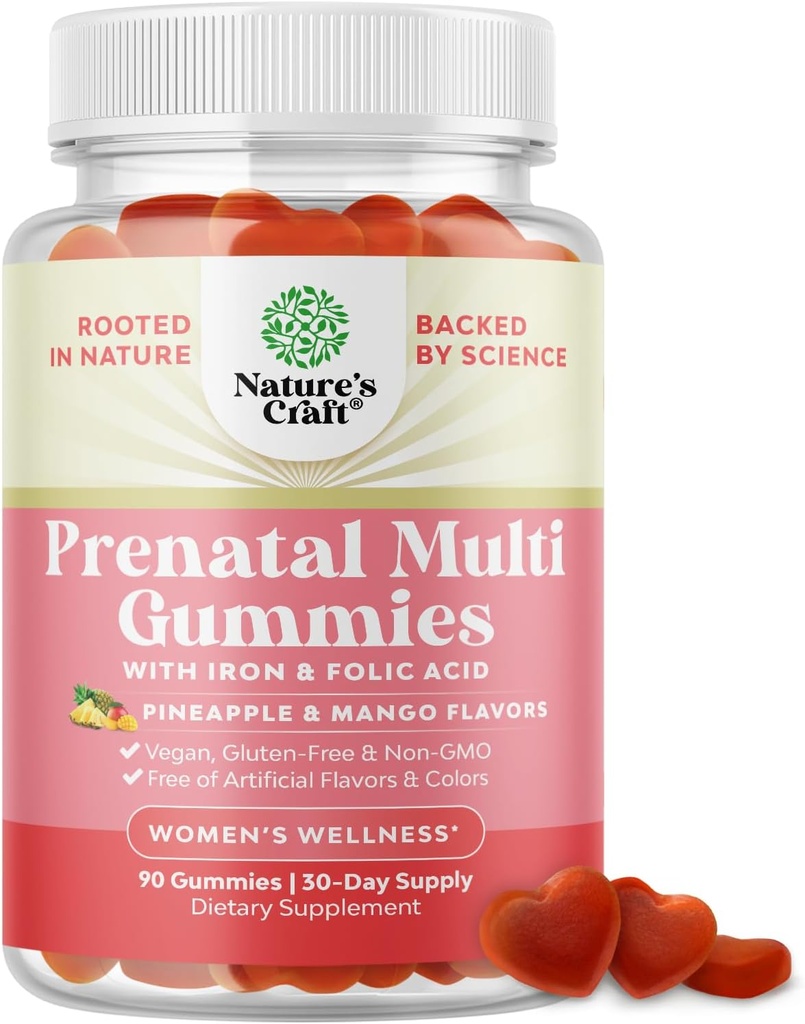 Gummies Prenatal Vegan para Mujeres - Vitaminas Prenatales Gummy para Mujeres con Acido Fólico de Hierro y Espejo de Superfruit - Vitaminas Chewable Fórmula Gummy (Pineapple Mango) 1 Mes