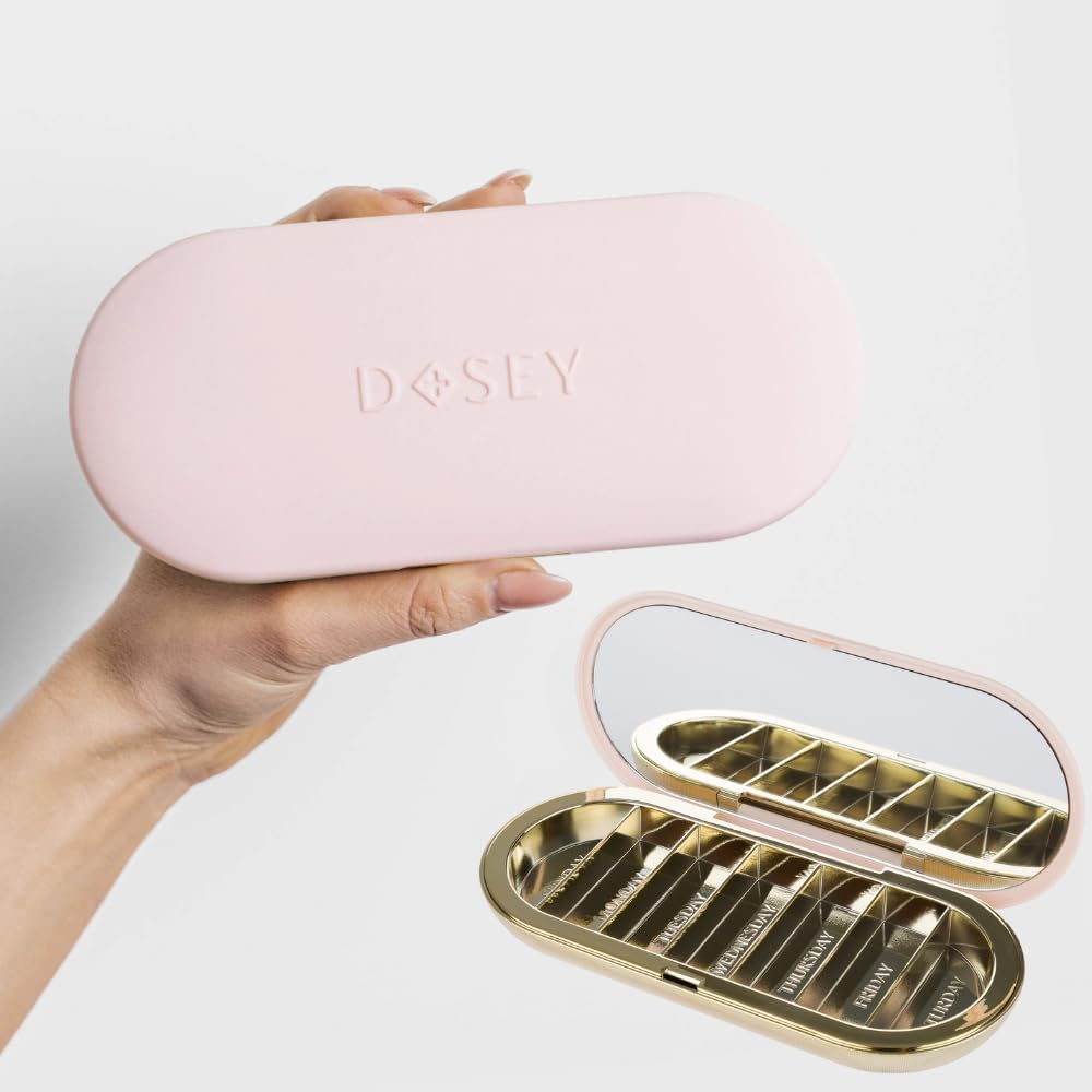 Dosey 7 Day Pill Organizador de píldoras de viaje compacto - Caja de píldoras con 7 piezas para el almacenamiento de medicamentos y protección - Elegante y elegante organizador de medicamentos con espejo, desbloqueo