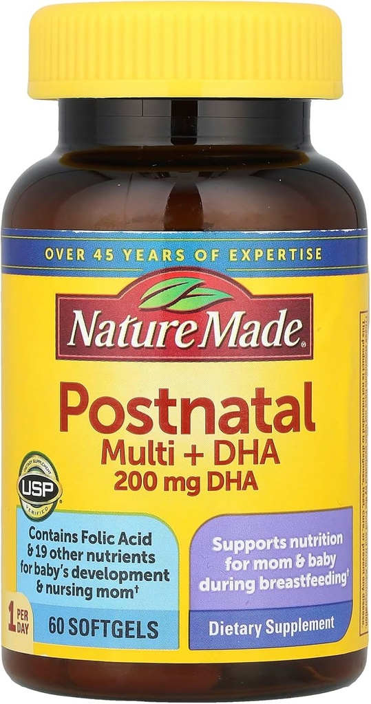 Multivitamina posnatal + DHA 200 mg, 60 Softgels, para apoyar a las madres de enfermería " bebés durante la lactancia materna, vitaminas postnatales " Nutrientes Incluye hierro, vitamina D3, calcio, yodo