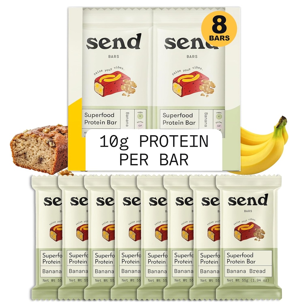 Envíe Bares de Proteína Vegana de base vegetal, con Verdes (pan Banana, 8 Bares) – Sólo Ingredientes Reales, Azúcar Cero Añadido, Libre de gluten, sin lácteos