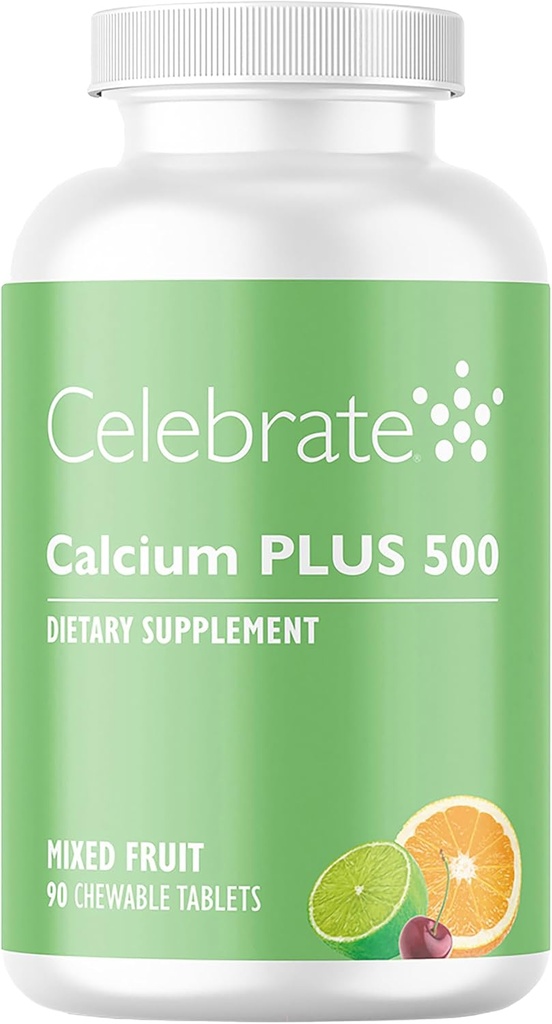 Celebrar vitaminas Calcio Plus - 500 mg Citrato de Calcio, 333 UI Vitamina D3 &amp; 34 mg Magnesio para Cirugía Postcaria - Gluten-libre de azúcar - Fruta mezclada, 90 Tablas Chewable