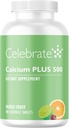 Celebrar vitaminas Calcio Plus - 500 mg Citrato de Calcio, 333 UI Vitamina D3 &amp; 34 mg Magnesio para Cirugía Postcaria - Gluten-libre de azúcar - Fruta mezclada, 90 Tablas Chewable