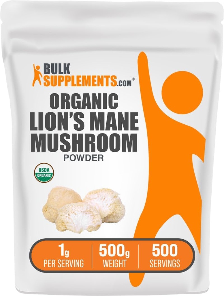 BulkSupplements.com Leones orgánicos Mane Mushroom Powder - Lions Mane Powder, Mushroom Supplement - Vegan & Gluten Free, 1g por Serving, 500g (1.1 lbs) (Pack of 1)