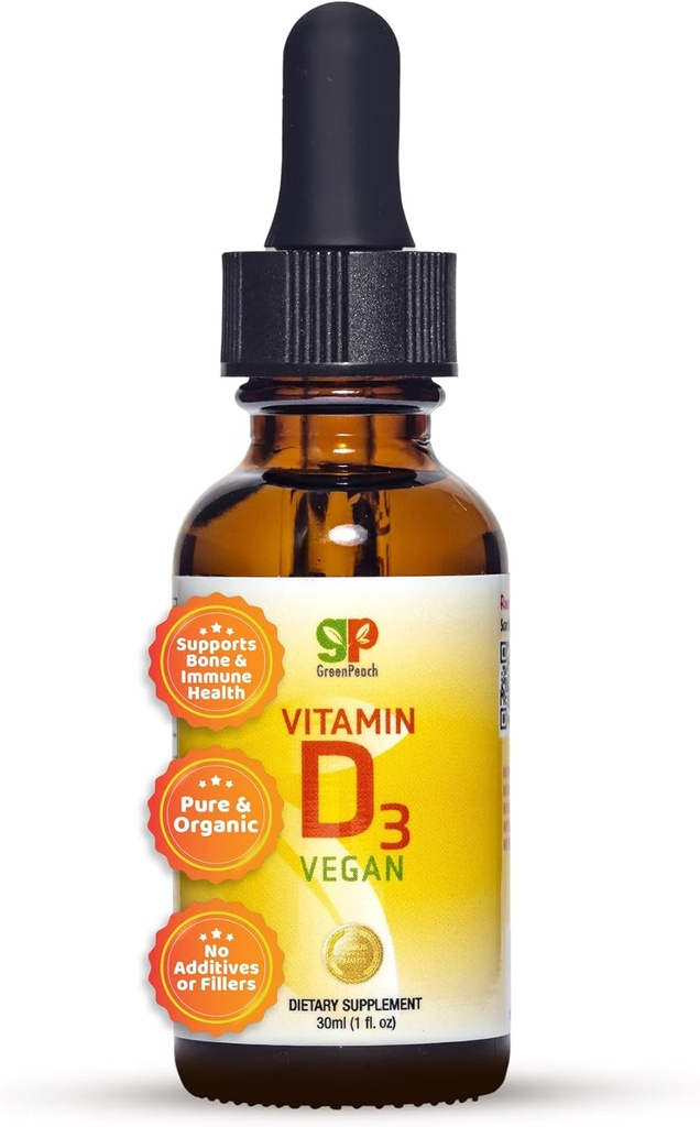 GreenPeach Liquid Vegan Vitamina orgánica D 400 a 1600 UI - D3 gotas para Toddler, Niños, Bebés &amp; Bebés, Vitamina D Baby Drops, Natural, 60 Actuaciones