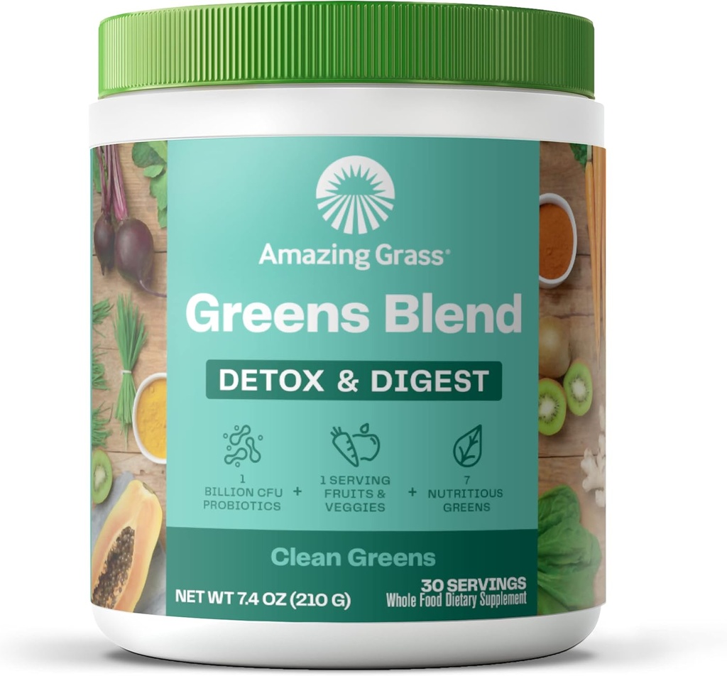 Increíble Grass Greens Superfood Detox " Digest: Greens Powder with Digestive Enzymes " Probiotics, Clean Green, 30 Servings (Packaging May Vary)