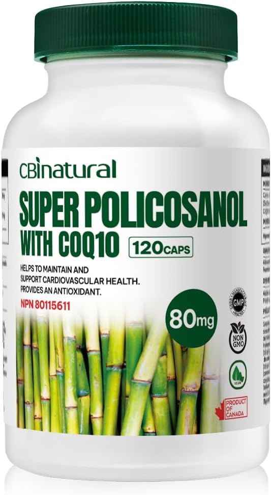 Super Sugarcane Policosanol 80 mg con CoQ10 30 mg, 120 cápsulas vegetales, Heart " Cholesterol Support, 4-Month Supply, Non-GMO, Gluten Free