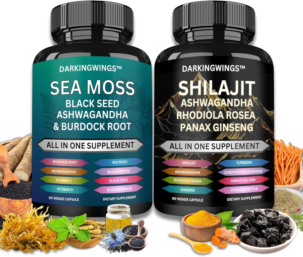 Shilajit and sea moss combo -Sea Moss 3000mg, Black Seed Oil 2000mg, Ashwagandha 2000mg, Shilajit 9000mg, Rhodiola Rosea1000mg,Panax Ginseng1500mg ¦ moss y shilajit pack, todo en un suplemento