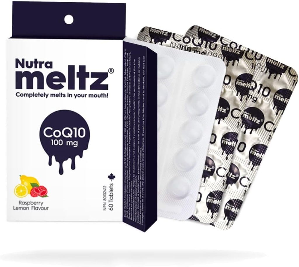 Nutra meltz CoQ10 100 mg – Coenzyme Q10 Supports Heart Health, Enhances Energy Production Quick Dissolving Tablets for Enzyme Deficiency – Raspberry & Lemon Flavor (60 Tablets)