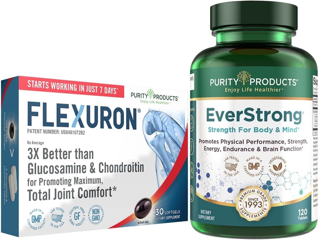 Purity Products Bundle - Flexuron Joint Formula + EverStrong Tablets - Flexuron - Krill Oil, Hyaluronic Acid + Astaxanthin - EverStrong- Muscle Matrix Blend w/Creatine, Coffee Fruit Extract + Más