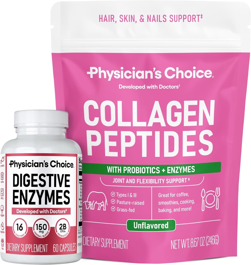 CHOICE de Physician - Full Gut Health Bundle: Collagen Peptides Powder + Digestive Enzymes 60ct for Digestive Comfort, Workout Recovery, & Skin, Nails y Joint Support