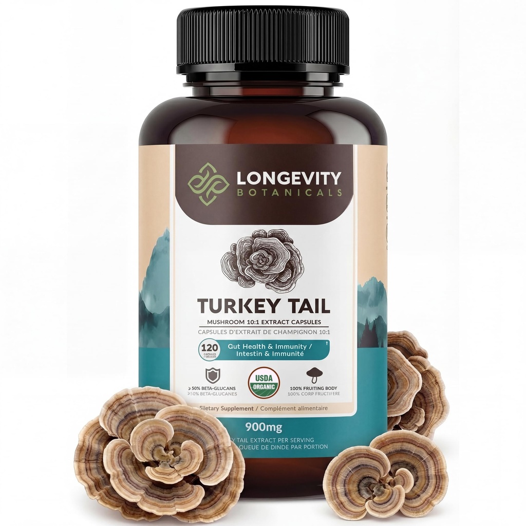 Orgánica Turquía Tail Mushroom Capsules Suplemento (120) TENIDO Pure Fruiting Body 10:1 High Strength Extract TEN 50% Beta-D Glucans TEN 9,000mg Raw Equivalent Por Serving ANTE Immune, Gut & Microbiome Support