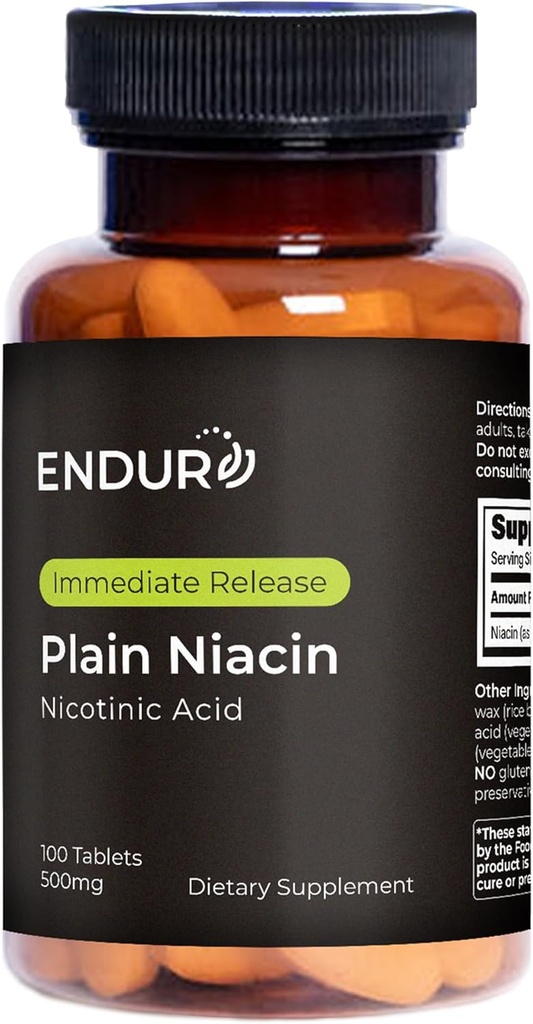 Endur Plain Niacin (Acido Nicotínico), Heart Health &amp; Healthy Cholesterol Balance Suplemento, Fórmula de liberación inmediata, Gluten Free, 500mg (100 Tablets)