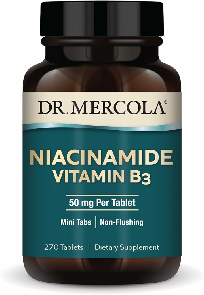 Dr. Mercola Niacinamide Vitamina B3-50 mg por Tablet - Supports Metabolic Health - Non-Flushing - Mini Tabs - Non-GMO, Gluten-Free &amp; Soy-Free - 270 Servings (270 Tablets)