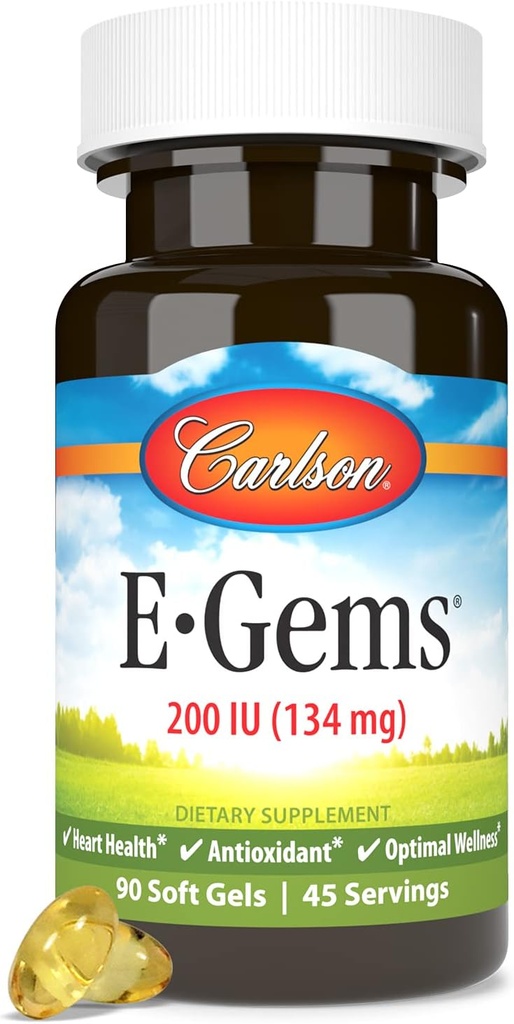 Carlson E-Gems 200 UI (134 mg), Vitamina Natural-Fuente E, Wellness Optimal, 90 Gels Soft